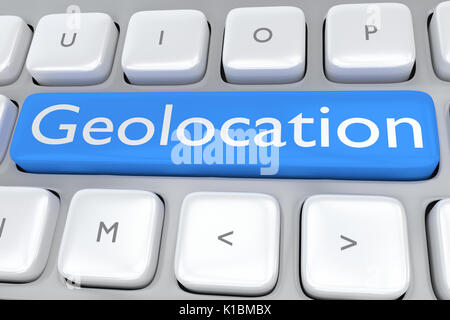 Render illustration of computer keyboard with the print Geolocation on a pale blue button Stock Photo