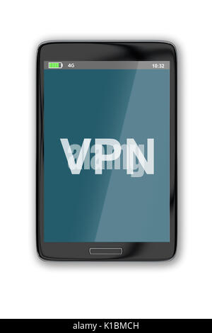 Render illustration of VPN title on cellular screen, isolated on white. Stock Photo