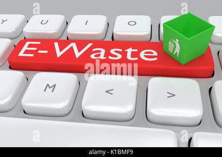 Render illustration of computer keyboard with the printE-Waste on a red button, and a waste can on that button. Stock Photo