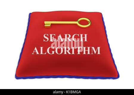 Render illustration of Search Algorithm Title on red velvet pillow near a golden key, isolated on white. Stock Photo