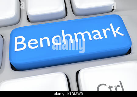 Render illustration of computer keyboard with the print Benchmark on pale blue button Stock Photo