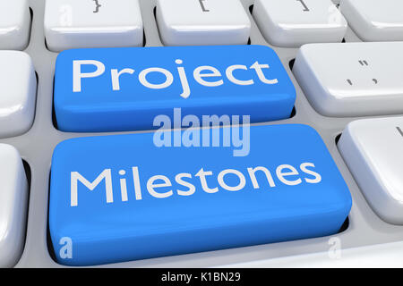 Render illustration of computer keyboard with the print Project Milestones on two adjacent pale blue buttons Stock Photo