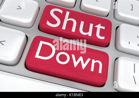 Render illustration of computer keyboard with the print Shut Down on two adjacent red buttons Stock Photo