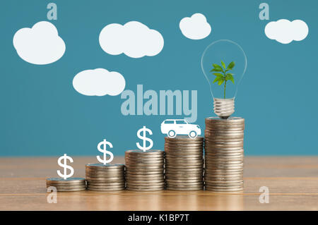 pile of coins and car with green small tree, light bulb, concept in save money, finance,loan and buying Stock Photo