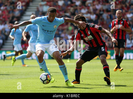 Manchester City's Gabriel Jesus (left) and AFC Bournemouth's Nathan Ake in action during the Premier League match at the Vitality Stadium, Bournemouth. Stock Photo