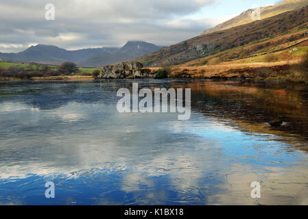 Llynnau Mymbyr are two lakes located in Dyffryn Mymbyr valley in Snowdonia and are here seen with mount Snowdon in the background. Stock Photo