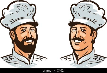 Happy cook, chef logo or label. Illustration for design menu restaurant or cafe. Cartoon vector Stock Vector