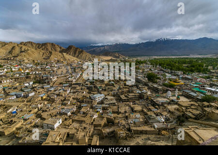 Panaromic Bird's eye view of the Leh city from the top of Leh palace Stock Photo