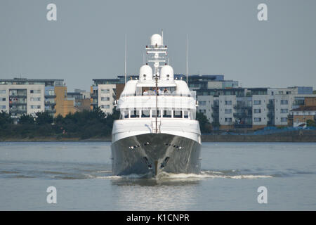 London, UK, 25th August 2017  Super Yacht Hampshire arrives on the river Thames, London, for a port call Stock Photo