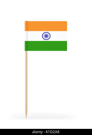 Small Indian flag on a toothpick. The flag has nicely detailed paper texture. High quality 3d render. Isolated on white background. Stock Photo