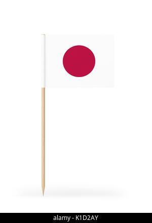 Small Japanese flag  on a toothpick. The flag has nicely detailed paper texture. High quality 3d render. Isolated on white background. 3D rendering. Stock Photo