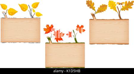 Set of three natural textured wooden rectangular log signboard with yellow birch, red maple and brown oak autumn leaves vector illustration Stock Vector