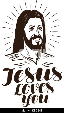 Jesus loves you, lettering. Religion concept. Vector illustration Stock Vector