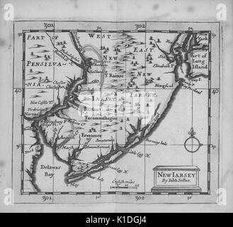 Early map of the State of New Jersey and parts of Pennsylvania, 1703. From the New York Public Library. Stock Photo
