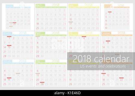 2018 calendar with american event in flat design.For print or web vector template Stock Vector