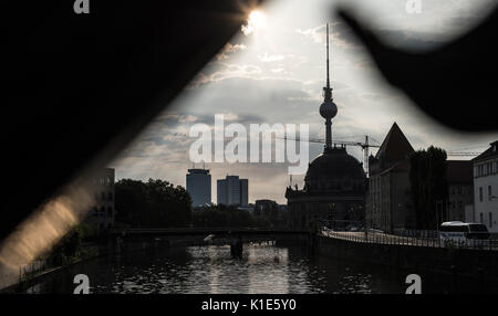 The TV tower and the Bode museum (r) can be seen through the Weidedamm bridge in Berlin, Germany, 26 August 2017. Photo: Paul Zinken/dpa Stock Photo