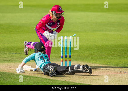 London, UK. 26 August, 2017. Tammy Beaumont dives and makes her ground batting for Surrey Stars against Loughborough Lightning in the Kia Super League T20 cricket match at the Kia Oval. David Rowe/Alamy Live News Stock Photo