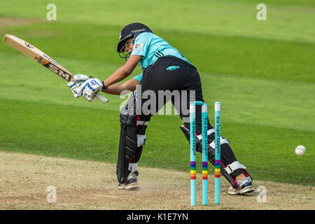 London, UK. 26 August, 2017. Sophia Dunkley is bowled whilst batting for Surrey Stars against Loughborough Lightning in the Kia Super League T20 cricket match at the Kia Oval. David Rowe/Alamy Live News Stock Photo