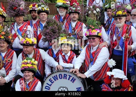 Saddleworth,  England, UK, 26th August 2017. Some of the members of Saddleworth Morris men, about to pull the rushcart through local villages at Saddleworth Rushcart Festival. © Steve Morris/ Alamy Live News. Stock Photo