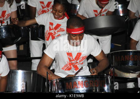 London, UK. 26th August, 2017. Steel bands compete in the Notting Hill Carnival 2017, National Panorama Competition at Emslie Horniman Pleasance Park Featuring: mangrove. metronomes and endurance Where: London, England, United kingdom Credit: Daniel Samray/Alamy Live News Stock Photo