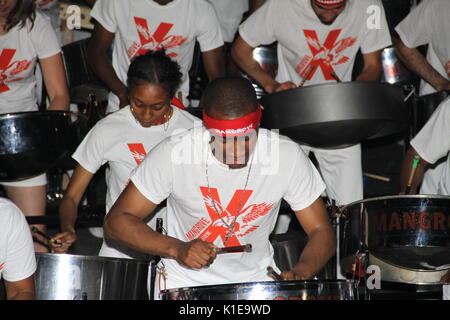 London, UK. 26th August, 2017. Steel bands compete in the Notting Hill Carnival 2017, National Panorama Competition at Emslie Horniman Pleasance Park Featuring: mangrove. metronomes and endurance Where: London, England, United kingdom Credit: Daniel Samray/Alamy Live News Stock Photo