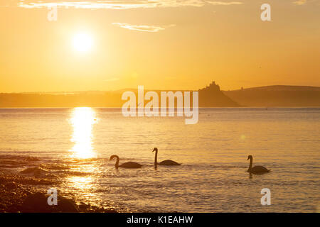 Penzance, Cornwall, UK, 27th August 2017. Sunrise in Penzance, with St Michael's Mount in the background.  Photo by Mike Newman/ Alamy Live News Stock Photo
