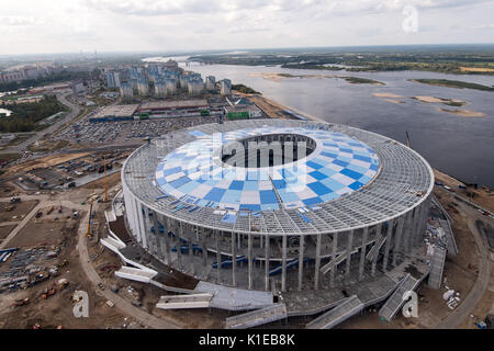 Picture of the Nizhny Novgorod Stadium taken in Nizhny Novgorod, Russia, 26 August 2017 (aerial shot). The city is host to one of the venues of the FIFA 2018 Soccer World Cup in Russia. Photo: Marius Becker/dpa Stock Photo