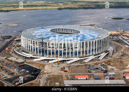 Picture of the Nizhny Novgorod Stadium taken in Nizhny Novgorod, Russia, 26 August 2017 (aerial shot). The city is host to one of the venues of the FIFA 2018 Soccer World Cup in Russia. Photo: Marius Becker/dpa Stock Photo