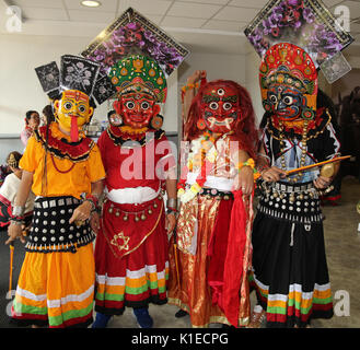 London, UK. 27th Aug, 2017. The mask of some of the many Gods in the Nepali religion making an appearance at the Nepali Mela in Kempton Park  Credit: Paul Quezada-Neiman/Alamy Live News Stock Photo