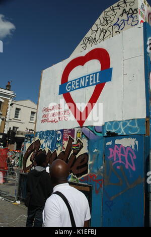 London, UK. 27th August 2017. The first full day of the Notting Hill Carnival takes place, the fire at nearby Grenfell Tower wasremembered throughout the carnival.. Roland Ravenhill/Alamy Live News. Stock Photo