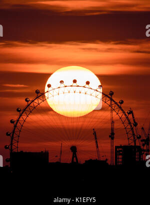 London, UK. 27th August, 2017. UK Weather: Dramatic sunset behind London Eye Ferris Wheel © Guy Corbishley/Alamy Live News Stock Photo