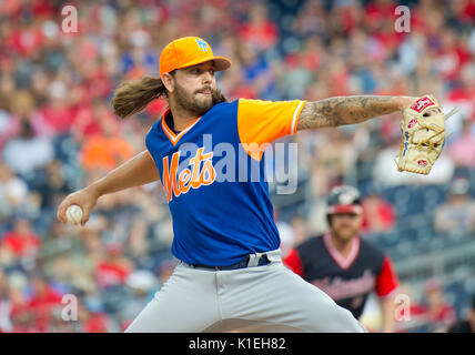 New York Mets players in their custom nickname jerseys as they listen to  the National Anthem against the Washington Nationals at Nationals Park in  Washington, DC on Friday, August 25 2017. From