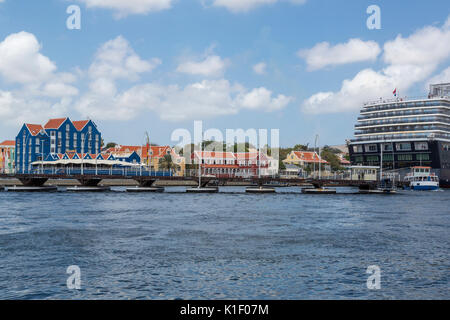 Willemstad, Curacao, Lesser Antilles.  Queen Emma Pontoon Bridge Open for Ship Traffic to Pass. Stock Photo