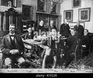 Portrait of President Theodore Roosevelt and his Cabinet, all in an office, some sitting, some standing, their last names listed at the bottom of the picture, Washington, DC, September, 1901. Stock Photo