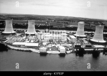 This image depicts the Tree Mile Island nuclear power plant near Middletown, Pennsylvania, which was the site of a March 28, 1979 power plant accident. The accident at the Three Mile Island Unit 2 (TMI-2) nuclear power plant was the most serious in U.S. commercial nuclear power plant operating history, even though it led to no deaths or injuries to plant workers or members of the nearby community. It brought about sweeping changes involving emergency response planning, reactor operator training, human factors engineering, radiation protection, and many other areas of nuclear power plant operat Stock Photo
