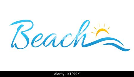 beach word with waves and sun, beach logo, illustration design, isolated on white background. Stock Vector