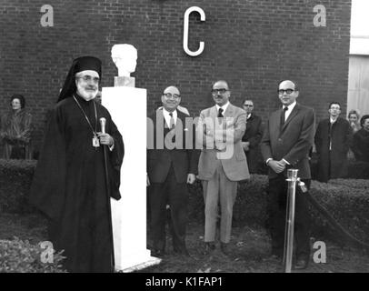 Hygeia Dedication Ceremony, The unveiling ceremony of the bust of Hygeia (left to right), Archbishop Lakovas, Ambassador B Vitsaxis, Dr John E Skandalakis, and R David J Sencer Hygeia is the Greek goddess of health The marble bust, which stands at the entrance to CDC Building 1 on Clifton Road in Atlanta, Ga, was dedicated in December 1970 Image courtesy CDC, 1970. Stock Photo