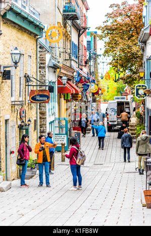 Quebec City, Canada - May 30, 2017: Lower old town street called Rue du Petit Champlain with entrance to Jules Perrier jewelry store Stock Photo