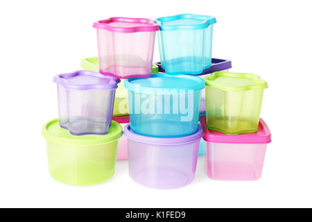 Stack of Assorted Colorful Plastic Containers on White Background Stock Photo
