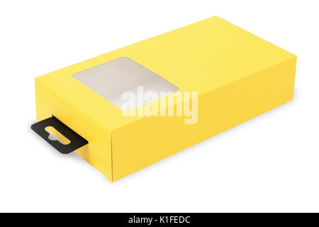 Yellow Product Packaging Box Lying on White background Stock Photo