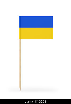 Small Ukrainian flag on a toothpick. The flag has nicely detailed paper texture. High quality 3d render. Isolated on white background. Stock Photo