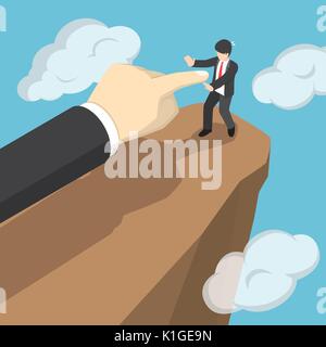 Flat 3d isometric hand push businessman to fall the from cliff. Eliminate business rial concept. Stock Vector