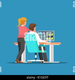 Businessman and woman discussing about business on the computer. Business team and teamwork concept. Stock Vector