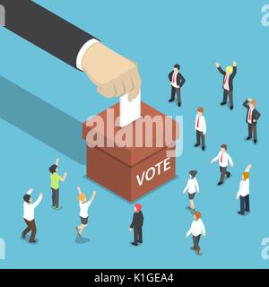 Flat 3d isometric businessman hand put voting paper in the ballot box. Voting and election concept. Stock Vector