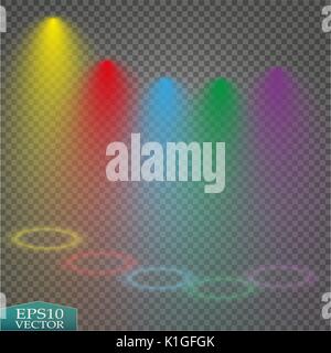 Special light effects. Realistic vector bright projectors for scene lighting isolated on plaid backdrop. Colorful stage lights background. Background  Stock Vector