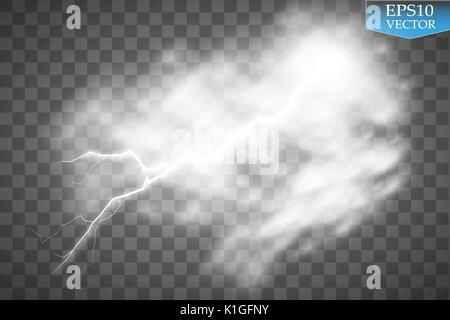 Storm and Lightning with rain and white cloud isolated on transparent background. Vector Stock Vector