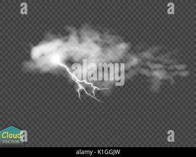 Storm and Lightning with rain and white cloud isolated on transparent background. Vector Stock Vector