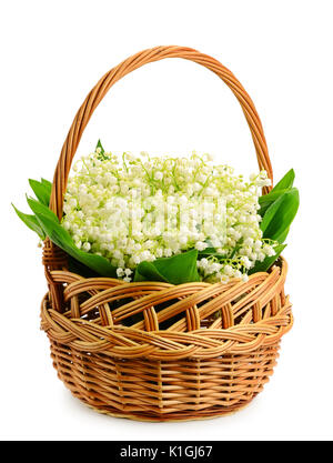 Bouquet of lilies of the valley in a basket. floral background with ...