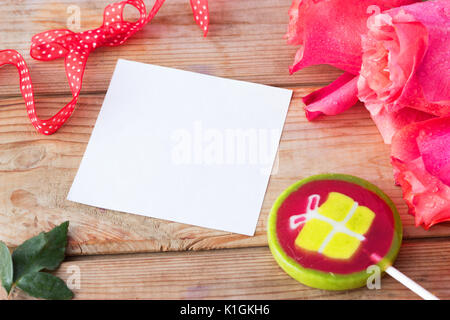 candy rose heart and greeting card. mock up Stock Photo