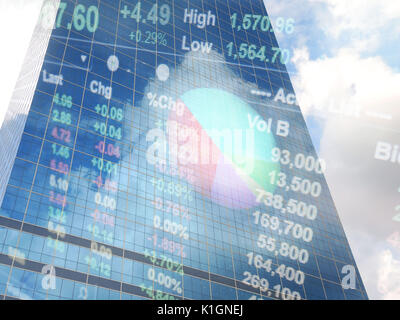 Double exposure of stock market quotes on modern building background. Business trading concept. Stock Photo